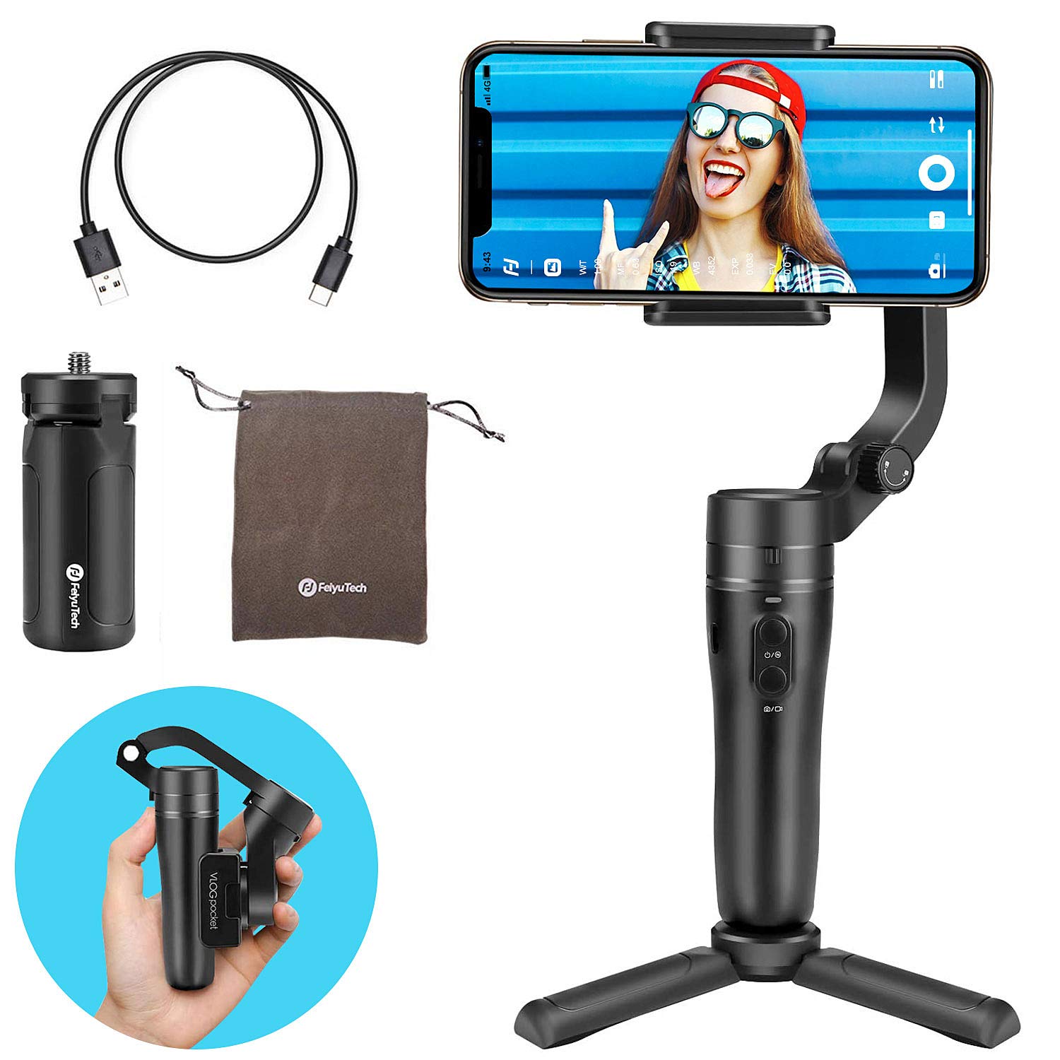Phone Gimbal, Feiyu Vlog Pocket, 3-Axis Foldable Gimbal Stabiliser with Face/Object Tracking, Perfect for iPhone 12 Pro Max and Android Smartphones.