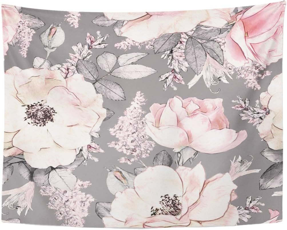 TOMPOP Tapestry Pink Flowers and Leaves on Gray Watercolor Floral Pattern Rose in Pastel Color Tileable Home Decor Wall Hanging for Living Room Bedroom Dorm 60x80 Inches