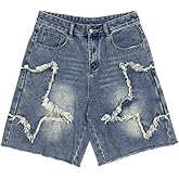 Sooluness Men's Pattern Embroidery Jean Shorts Casual Distressed Denim Shorts Summer Short Pants with Pockets