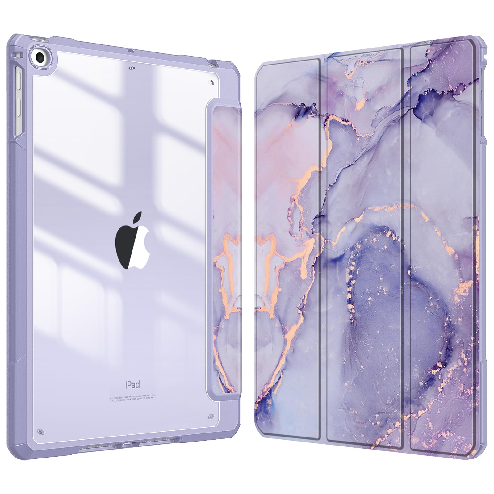 FINTIE Hybrid Case for iPad 6th/5th Gen (2018-2017) and iPad Air 2/Air 1 (2014-2013) - 9.7 Inch Shockproof Hard Shell Clear Cover with Pencil Holder, Lilac Marble