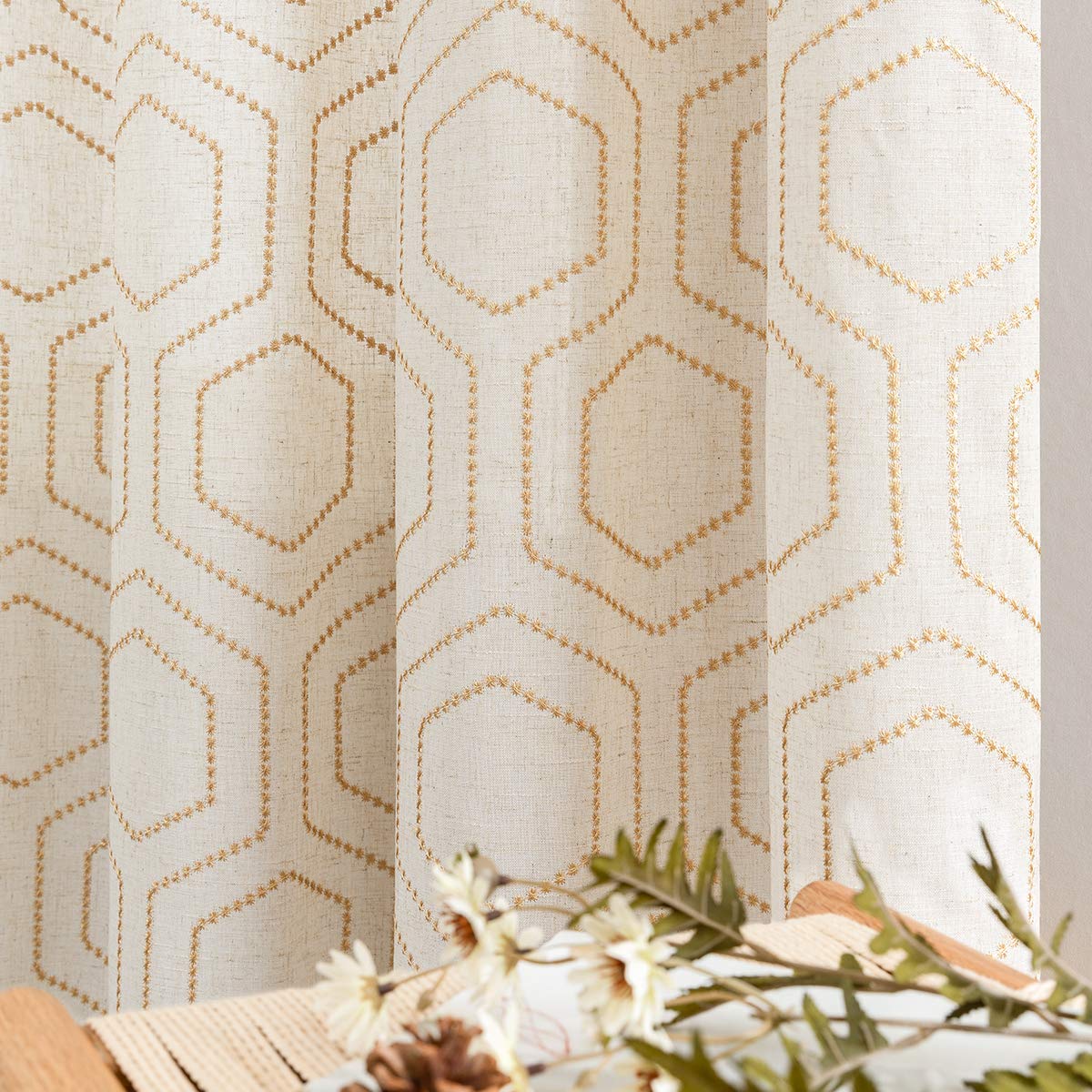 Yellow Embroidered Sheer Curtains 2 Panels, 84 Inch Length - Modern Geometric Pattern For Living Room & Bedroom - View #6