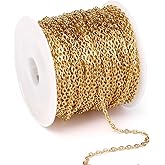 33 Feet 18K Gold PVD Plated Stainless Steel Cable Chain Bulk, 2mm 304 Stainless Steel Flat Cable Link Chains Roll Spool for Jewelry Making Necklace DIY Craft