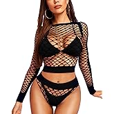 RSLOVE Women Sexy Mesh Lingerie Fishnet Babydoll Free Size Bodysuit See Through Shirts Long Sleeve