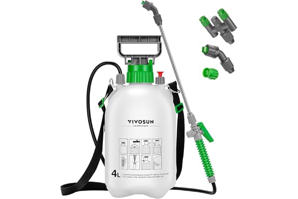 VIVOSUN 1 Gallon Pump Pressure Sprayer, 4L Pressurized Lawn & Garden Water Spray Bottle with 3 Water Nozzles, Adjustable Shou
