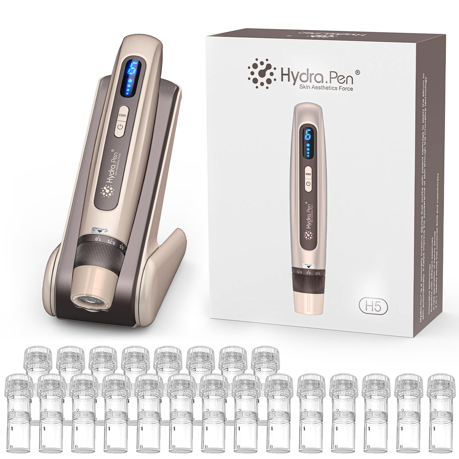 Hydra.pen H5 Professional Microneedling Pen, Wireless Essence Serum Applicator with EMS Microcurrent & LED Display, Microneedle Machine for Skin Care Wrinkle Reduction Acne Scar Hair Loss Treat, Gold