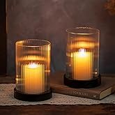 Hewory Ribbed Hurricane Candle Holder: Black Votive Candle Holders Set of 2, Glass Hurricane with Metal Candle Plate, Pillar Candle Holder for Table Centerpiece Christmas Wedding Holiday Home Decor