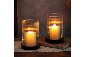 Hewory Ribbed Hurricane Candle Holder: Black Votive Candle Holders Set of 2, Glass Hurricane with Metal Candle Plate, Pillar Candle Holder for Table Centerpiece Christmas Wedding Holiday Home Decor