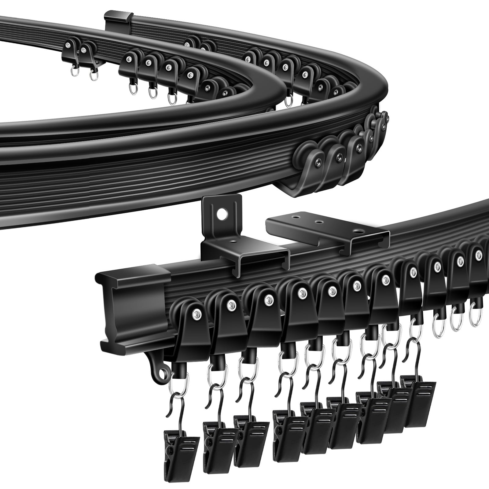 Flexible Bendable Ceiling Track Curtain Rail, Black Curtain Tracks and Fittings for Bay Window, 2.5M/8FT Ceiling Wall Mounted Single Curtains Rail Track for RV Shower Curtain Room Divider System