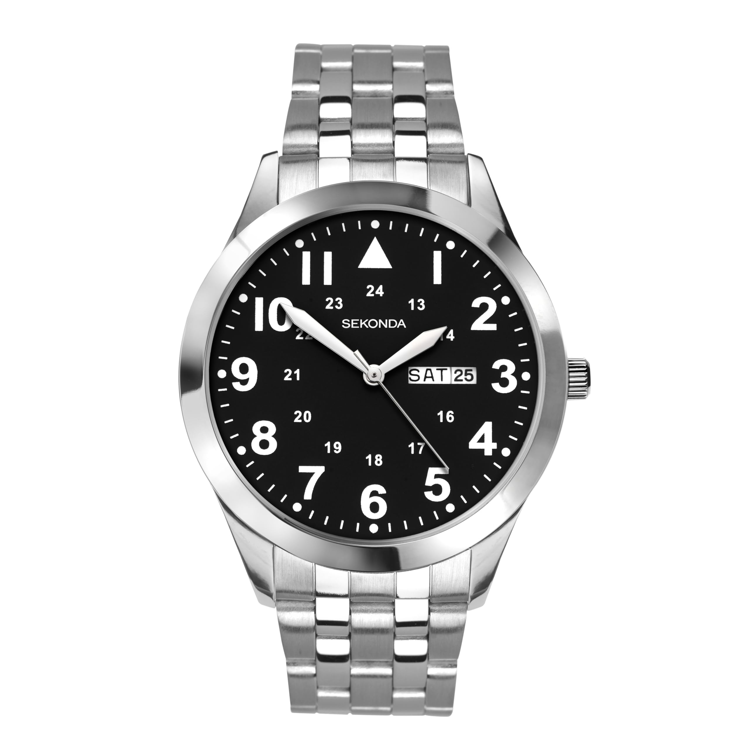 Sekonda Glide Mens 43mm Silver Quartz Watch with Black Dial and Stainless Steel Bracelet Day Date Function 30m Water Resistance