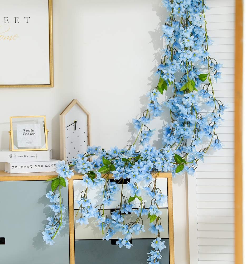 JUSTOYOU 2 x 5.7 ft Artificial Sakura Cherry Blossom Hanging Flowers Vine Fake Sakura Garland Home Garden Wedding Party Decoration (Blue) - Image 4