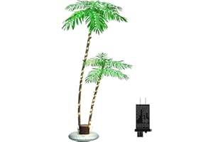 LING RUI Lighted Palm Trees for Outside Patio,6Ft 2 Trunks Fake Palm Tree with 8 Mode for Tiki Bar Christmas Decor,Artificial Palm Trees for Outdoors Pool Christmas Tree Outdoor Patio Decor Happy New Year 2025