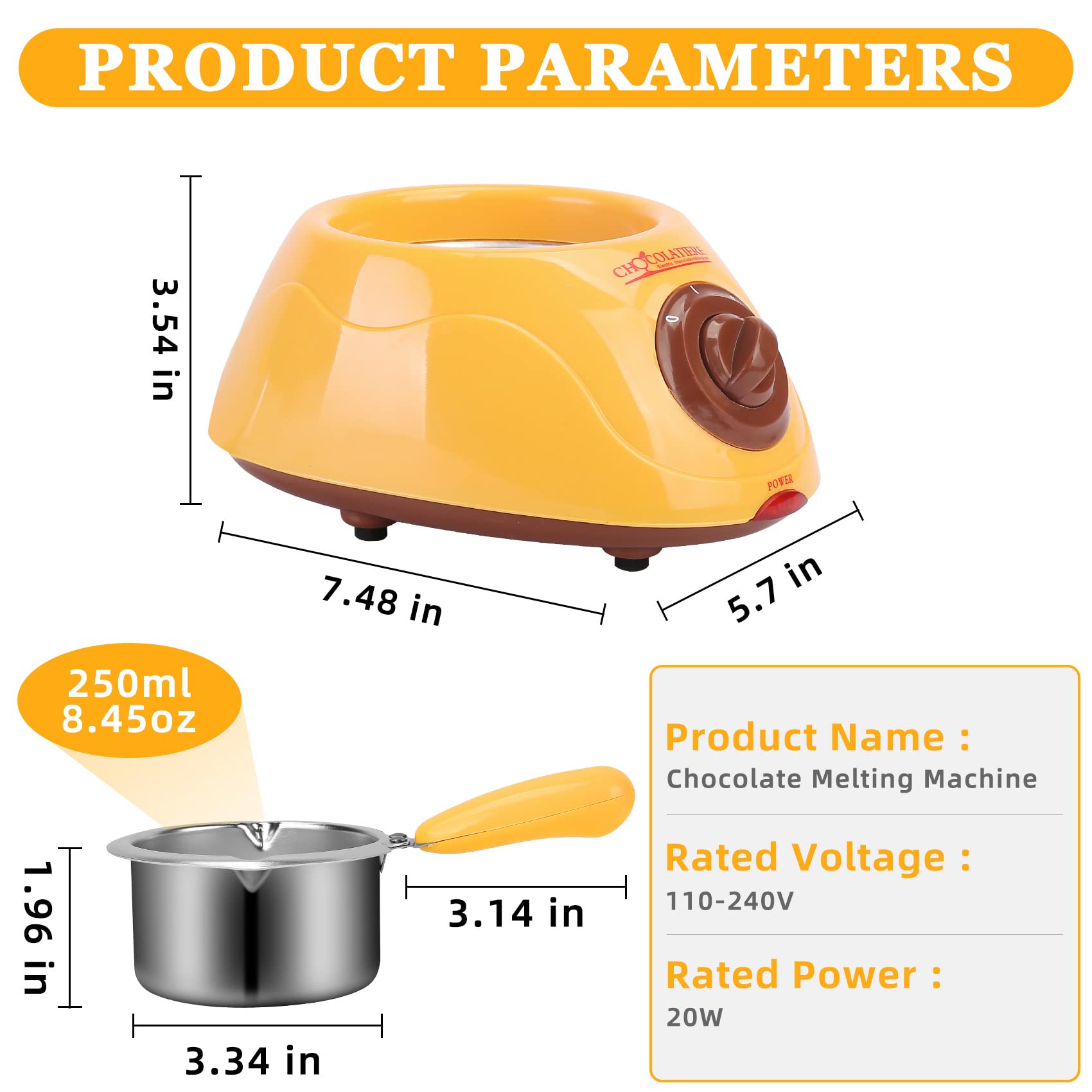 8.45oz Melting Fondue Set,MINI Electric Chocolate Melting Pot,Chocolate Fondue Fountain,Warmer Machine for Milk Chocolate,Cheese,Butter,Candy (Yellow)