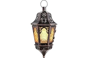 DECORKEY Ramadan Lantern Decorative Indoor & Outdoor, 13.6’’ Vintage Decorative Hanging Lanterns with Chian for Home Porch Patio Decor, Metal Christmas Moroccan Candle Holder Decorations (Amber)
