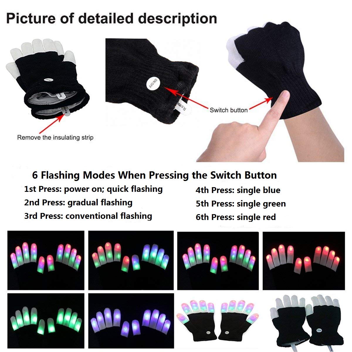 LED Gloves, Light Up Hand Gloves, Flashing Fingers Colourful Rave Gloves 6 Modes Glow for Festivals/ Halloween/ Christmas/ Bonfire Night/ Party/ Games/ Running/ Sports/Gift, Fits Big Kid & Adult Hands