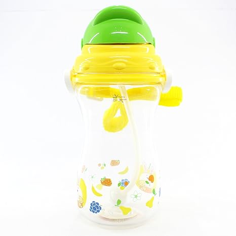 Rachna Plastic No-spill Animal Print Baby / Infants / Kids Transparent Gravity Straw Sipper Cup Water Bottle, 300ml (Yellow, 3024)