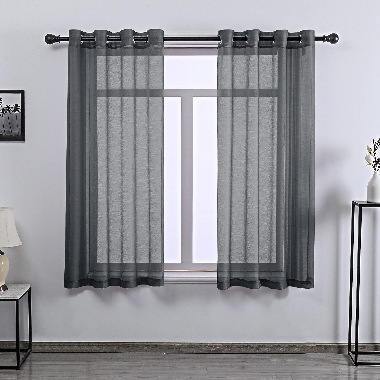 Dark Grey Sheer Curtains 63 Inch Length for Boy's Room - 2 Panels Charcoal Gray Grommet Elegant Semi Voile Window Drapes for Bedroom 52 W x 63 Inches Long