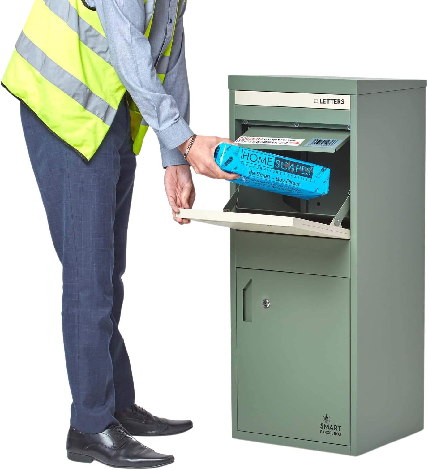 Large Smart Parcel Drop Box Green Front & Rear Access Doors for Secure Multiple Internet Deliveries- Wall Floor Gate Fence Mounting