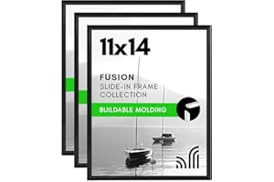 Americanflat 11x14 Picture Frame with Polished Front Cover - Set of 3 - Slide-In Photo Frame with Buildable Molding - Fusion Collection - Picture Frames for Wall Display - Black