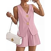 ZESICA Women’s Summer Casual 2 Piece Short Sets 2026 Button Suit Vest Tops Shorts Dressy Business Work Outfits