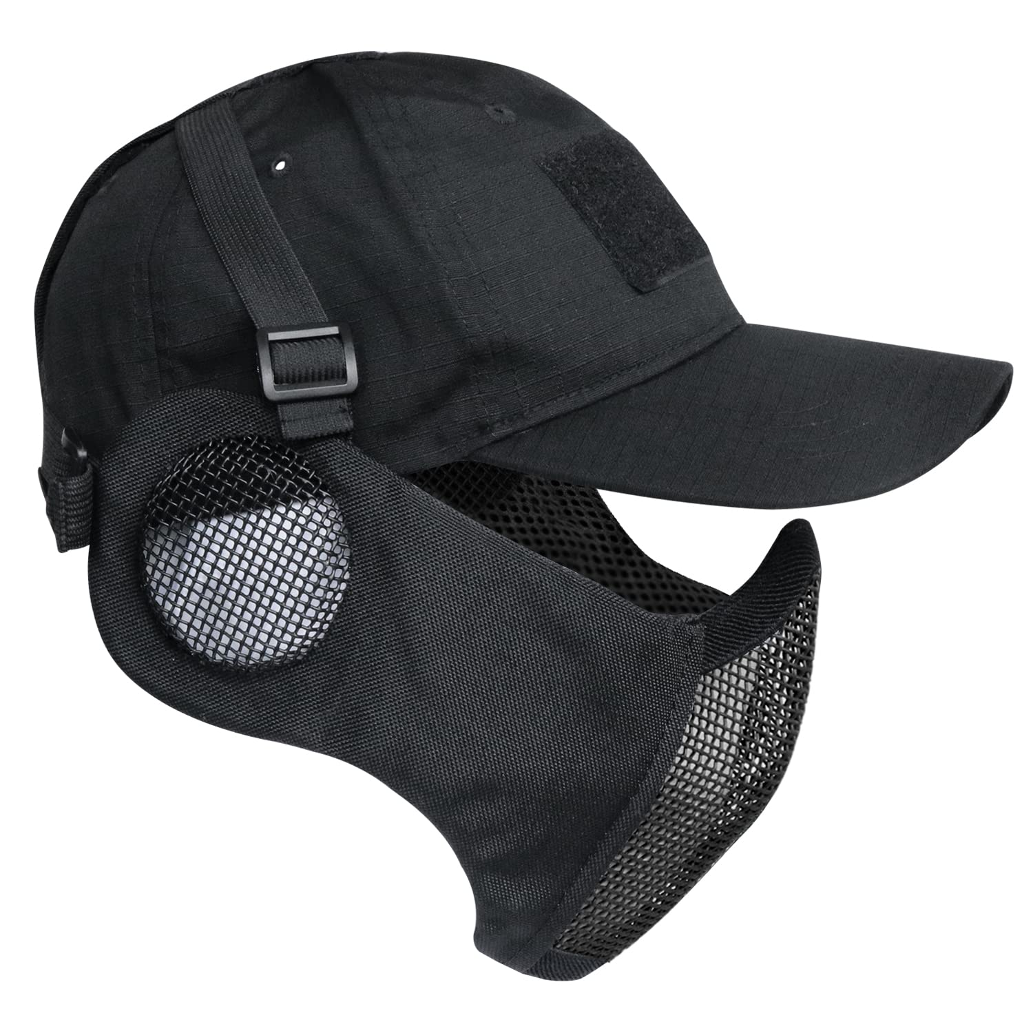 Yzpacc Airsoft Half Face Mask and Patch Hat Set Steel Mesh Mask with Ear Protection and Baseball Cap Tactical Protective Mask for CS Game BB Gun Paintball Hunting Shooting