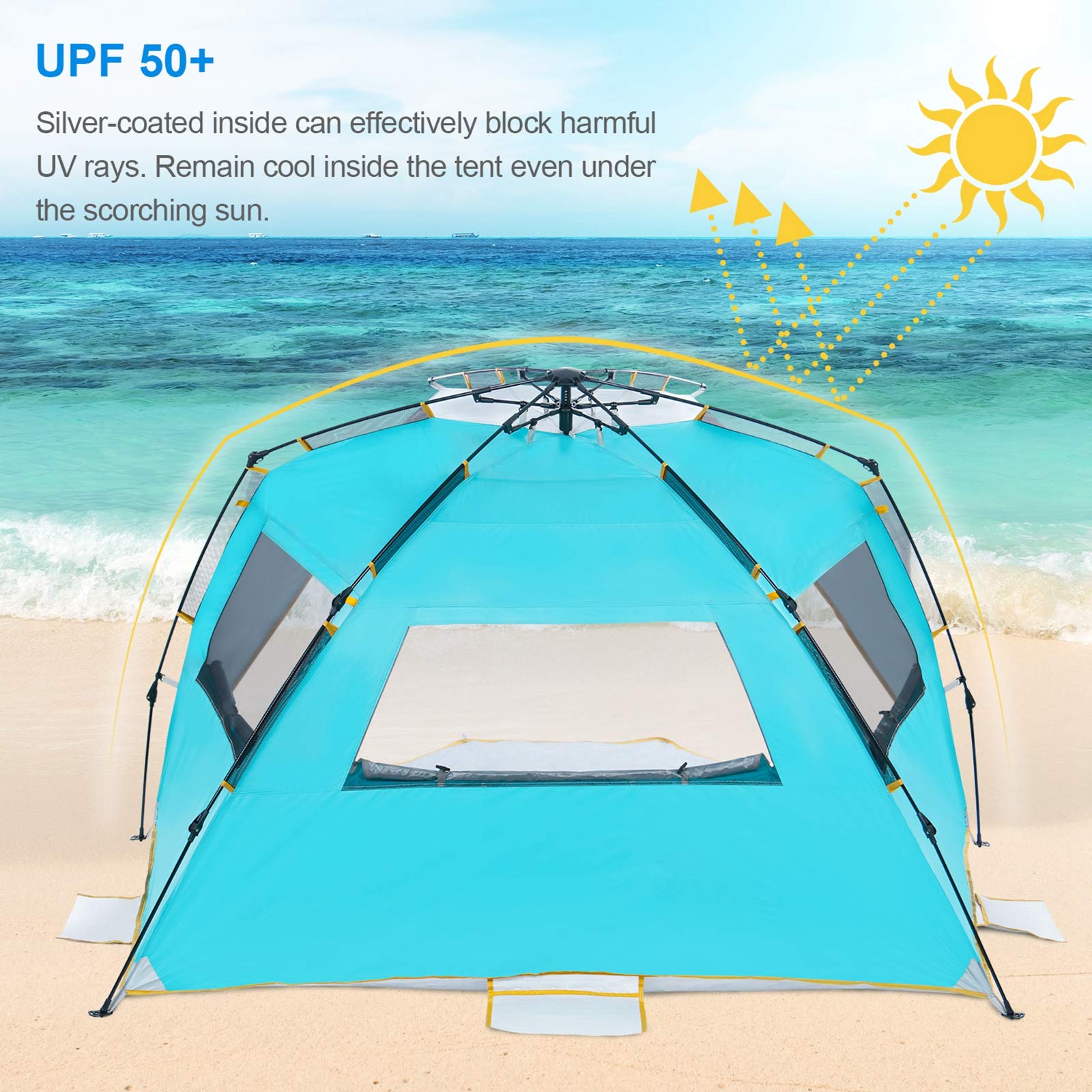 WolfWise 4 Person Easy Up Beach Tent UPF 50+ Portable Instant Sun Shelter Canopy Umbrella with Extended Zippered Porch