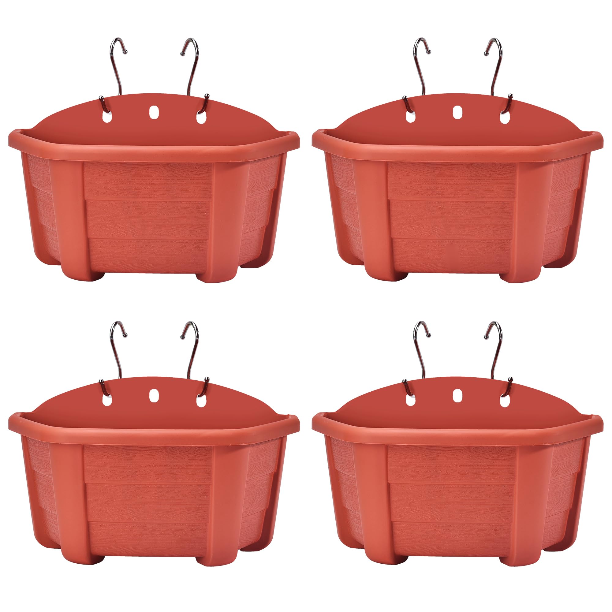ORIMERC 25cm 4 Pack Wall Hanging Planters Plastic Retro Style Railing Hanging Planters Plants Flowers Plastic Pots Basket for Balcony Fence Garden Outdoor Indoor-Brick Red