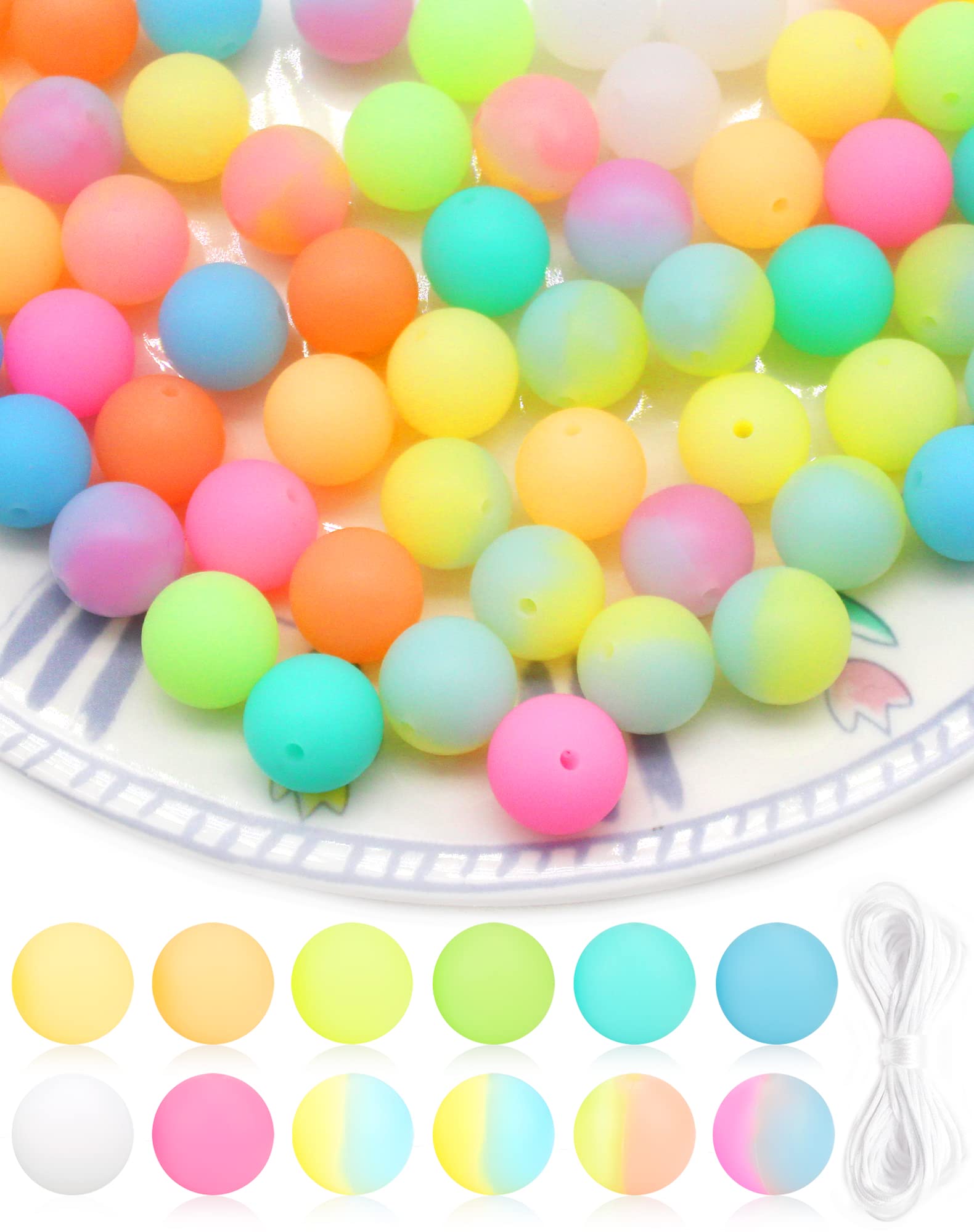 Cinvo 60pcs Silicone Loose Beads Luminous 15mm Round Rubber Beads Shaped Beads Jewelry Making Large Beads with 5m Lanyard for Bracelets Necklace Jewelry Making Supplies(12 Glowing in the Dark Colors)