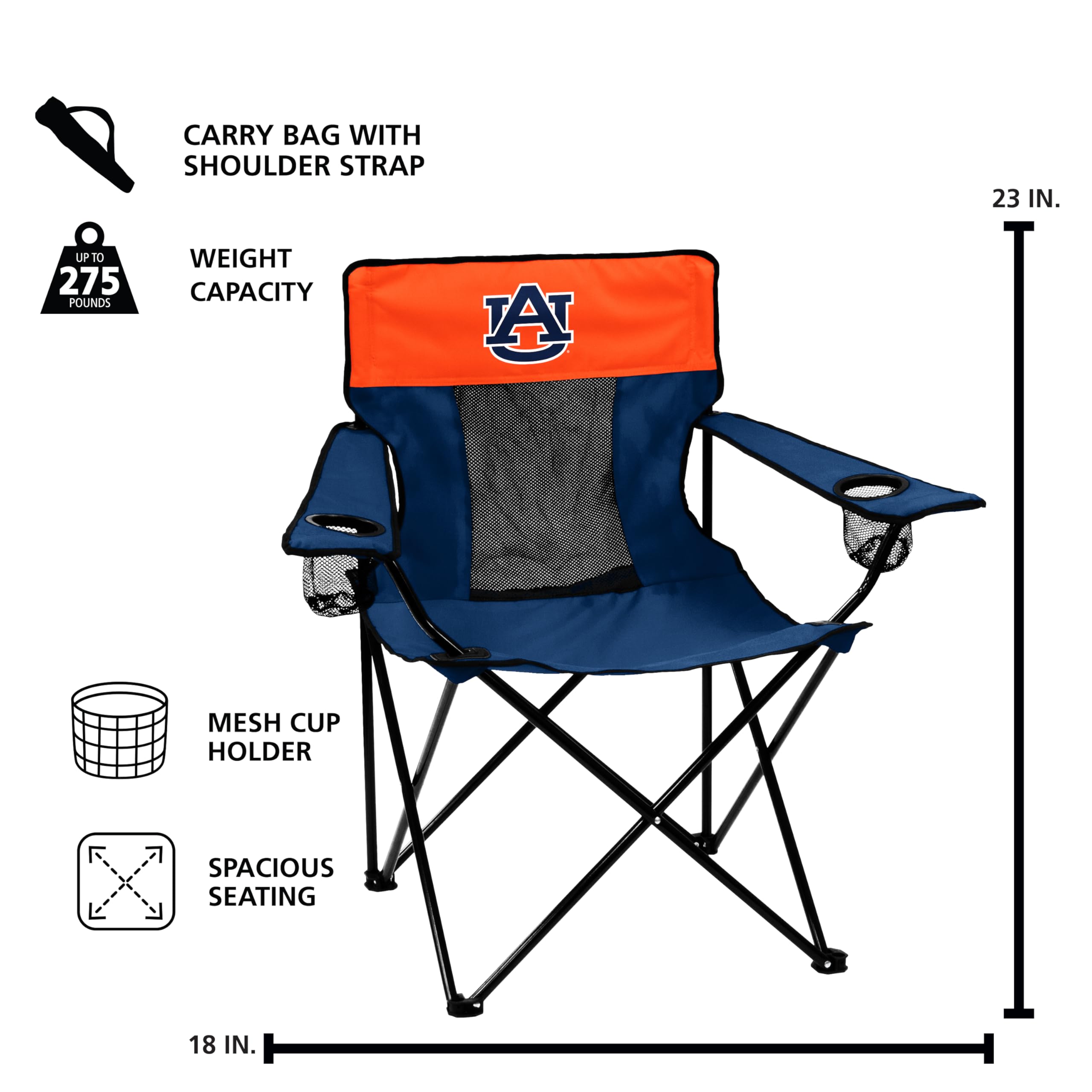 Logo Brands NCAA Auburn Tigers Elite Portable Chair - Premium Outdoor Chair with Cup Holder, Powder-Coated Steel Frame, Lightweight and Portable for Tailgating,and Sporting Events