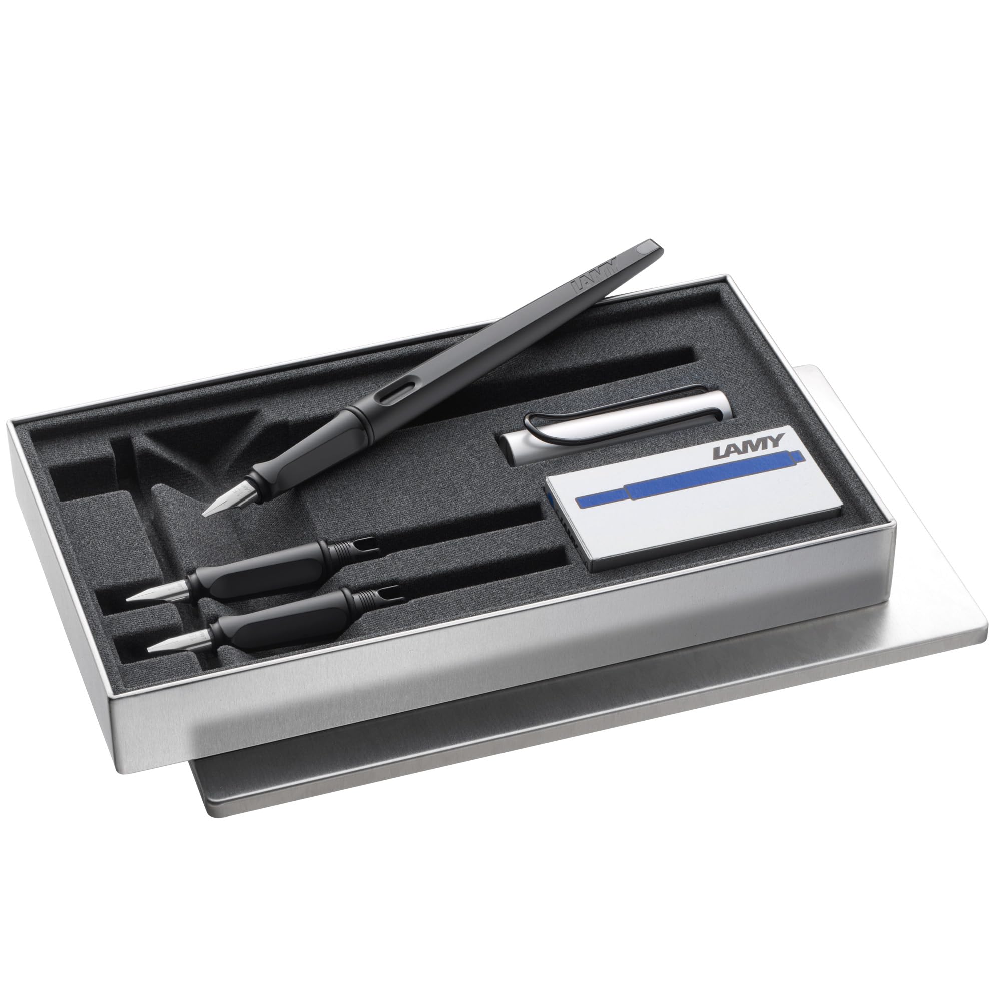 Lamy joy AL black calligraphy fountain pen set - fountain pen with 3 different nibs (1.1/1.5/1.9 mm) - calligraphy pen with ribbon nib & ergonomic grip - incl. 5 T 10 blue ink cartridges