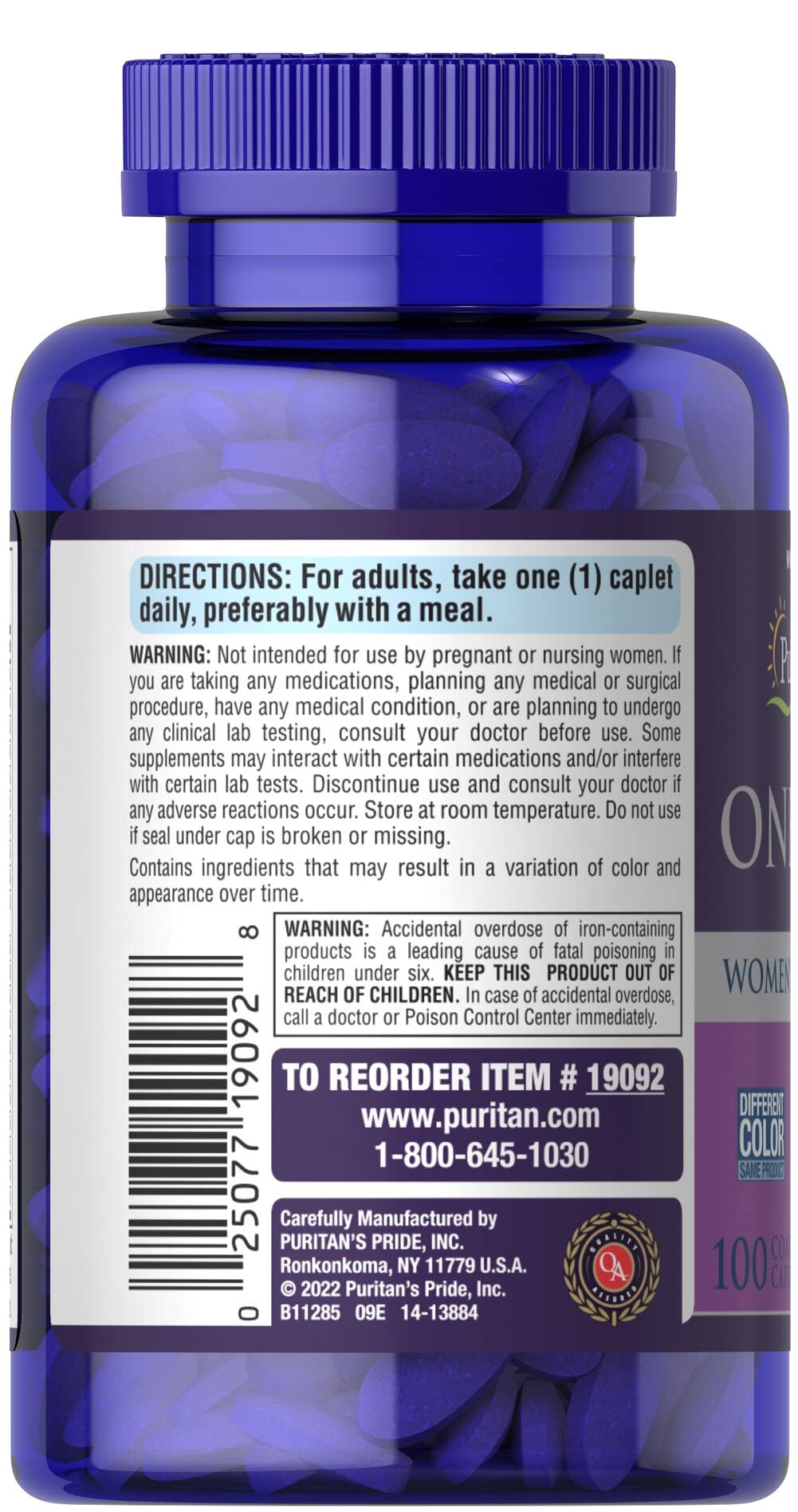 Puritans Pride One Daily Women's Multivitamin Caplets, 100 Count