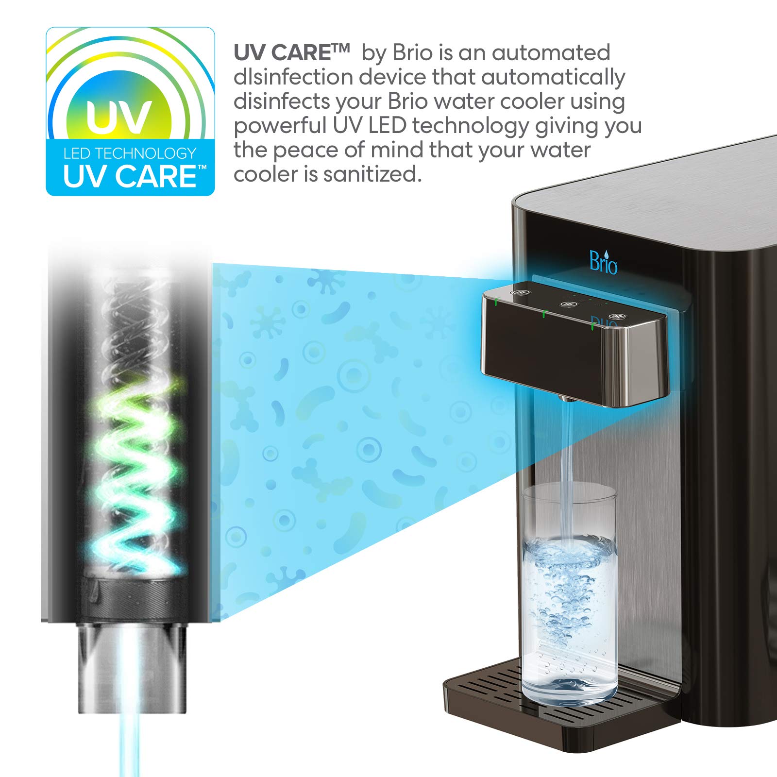 Brio Self-Cleaning Countertop Bottleless Water Cooler Dispenser - with 2-Stage Water Filter and Installation Kit, Tri Temp Dispense, UV Cleaning - Black