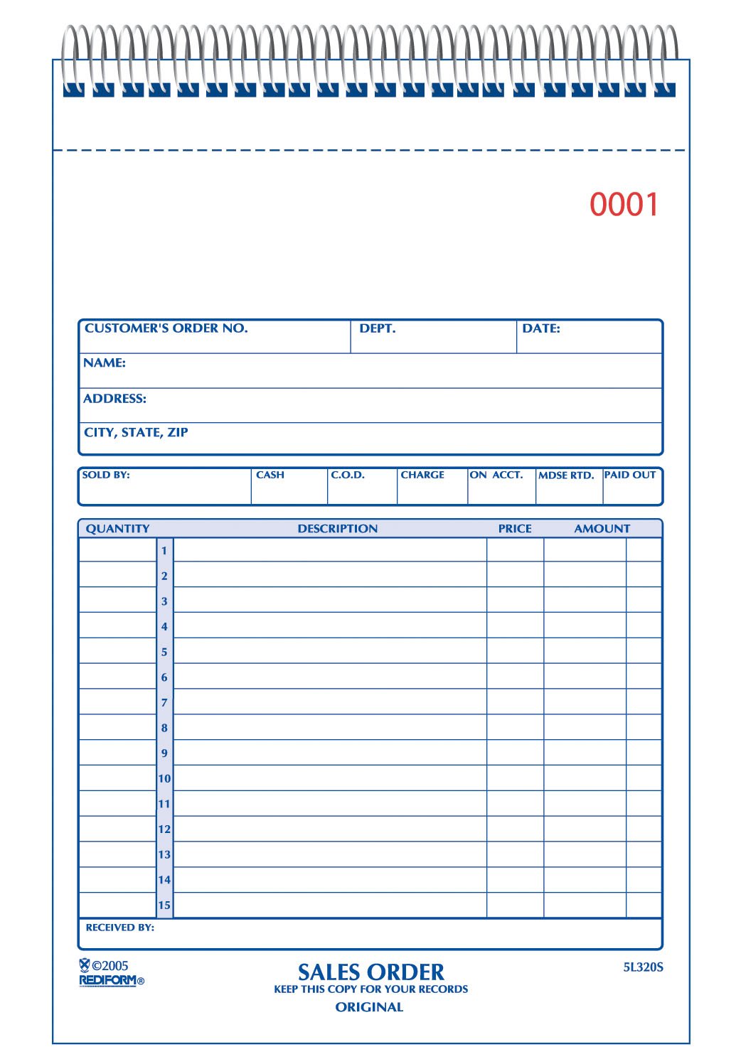 Photo 1 of Rediform Sales Order Book, Wirebound, Numbered, 5.5 x 7.875 inches, 50 Duplicates (5L320S )