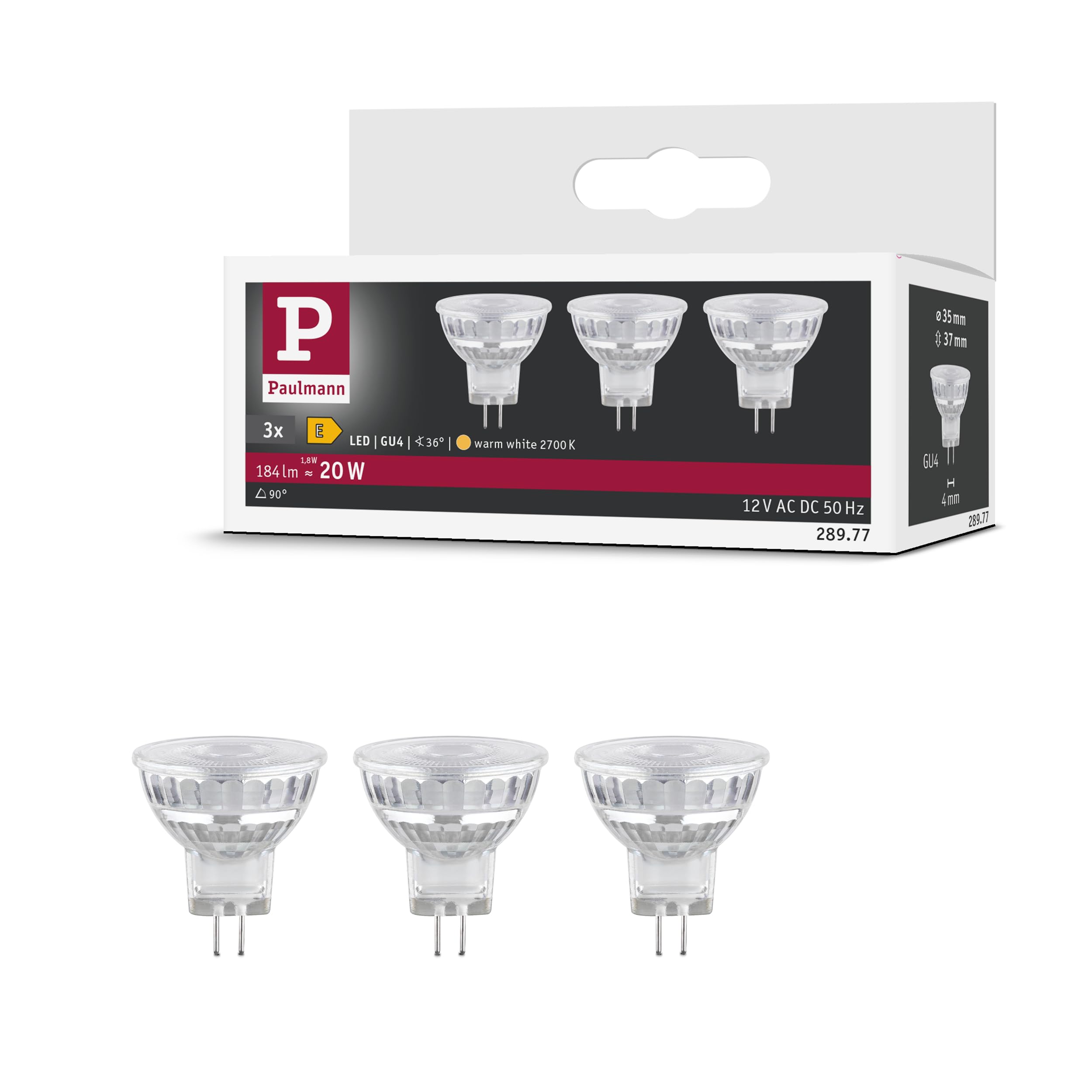 Paulmann 28977 Standard 12V LED Reflector GU4 12V 3-Piece Set 3x1.8W 3x184lm 35mm Silver Glass 2700K – Warm White lamp