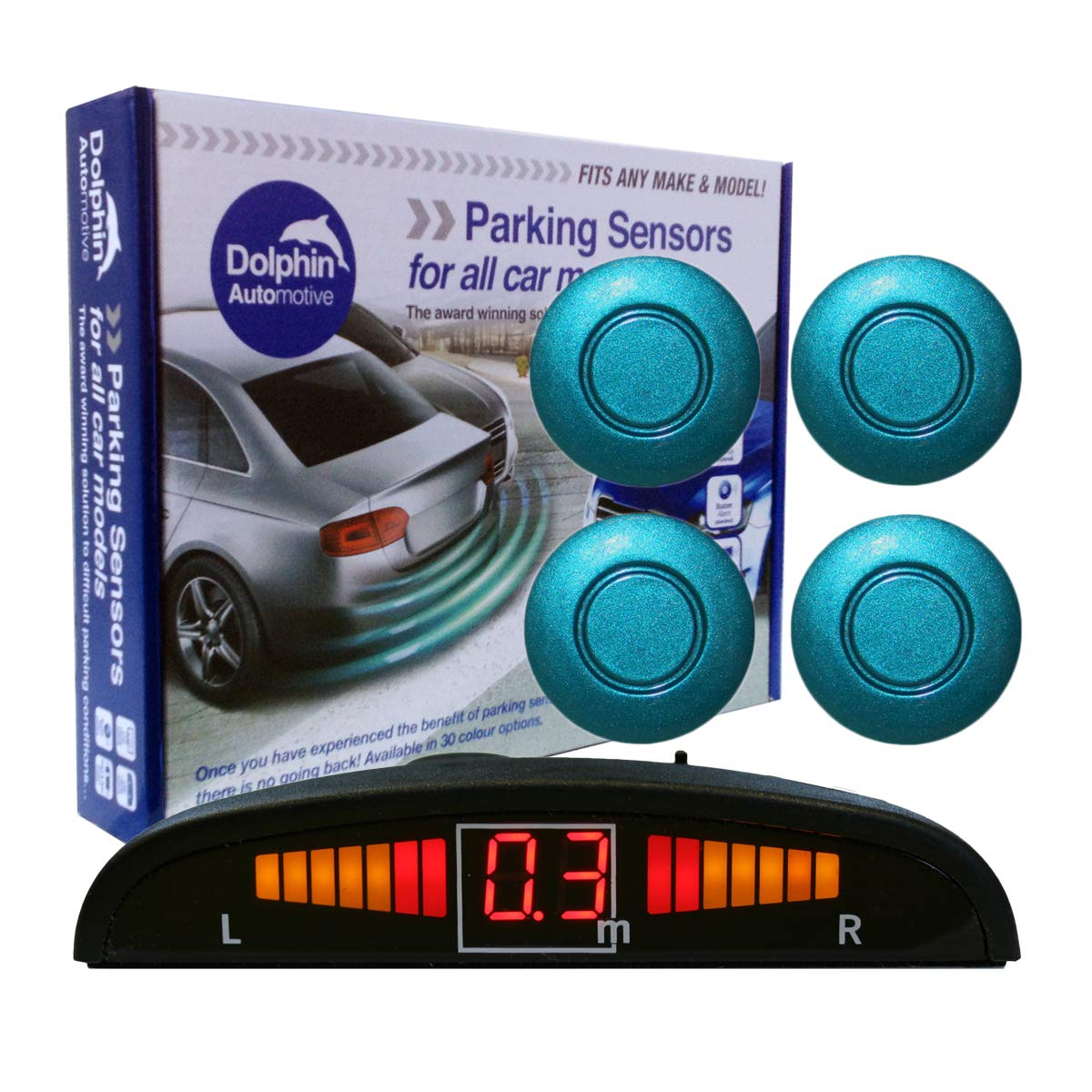 Dolphin Automotive DPS450 Reverse Parking Sensors In 32 Colours 4 Ultrasonic Radar Sensors Kit Audio & Display Alert System - Electric Blue