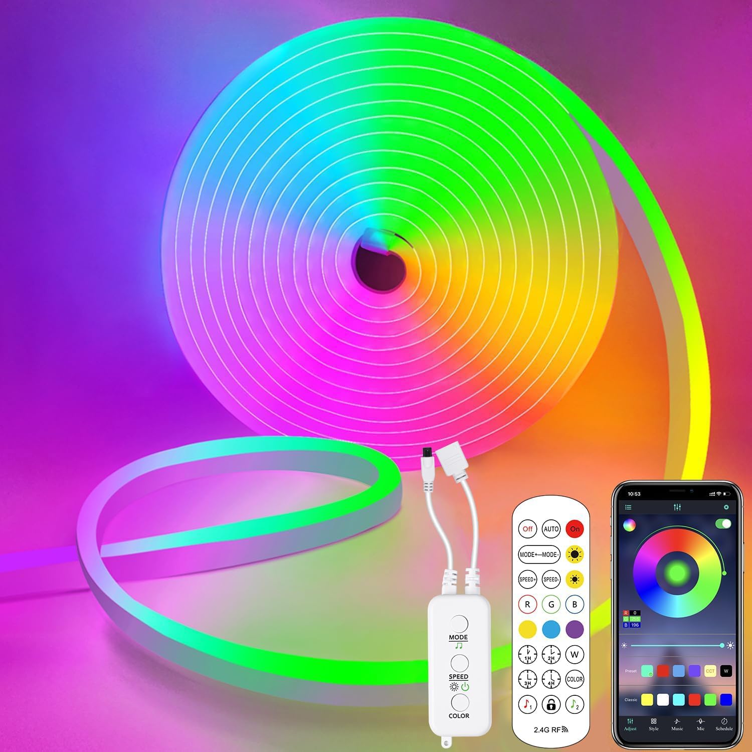 MIWATT 5M RGB LED Strip Lights, Music Sync Flexible Neon Rope Lights Color Changing, Control with App/Remote Multiple Modes IP67 Waterproof LED Neon Lights for Bedroom Indoor Outdoor Decor