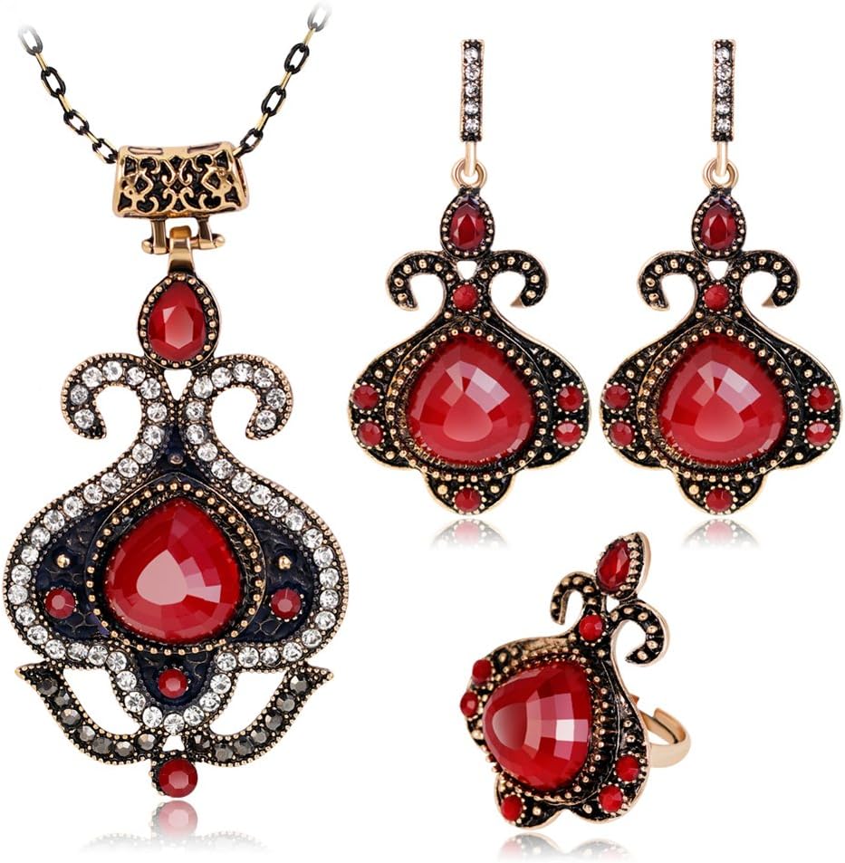 856store Big Promotion Women's Wedding Turkish Vintage Big Dangle Earrings Necklace Ring Jewelry Set