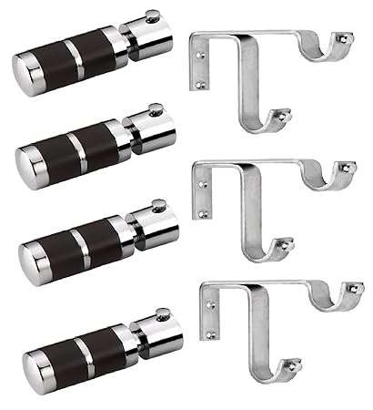 Ddrapes - 4 SS + Wood Combination Finial With 3 Strong Double Bracket for 2 Curtain Rod