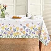 Horaldaily Spring Tablecloth 60×84 Inch Rectangular, Green Plaid Wildflower Cloud Daisy Butterfly Washable Seasonal Table Cover for Party Picnic Dinner Decor