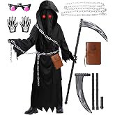 Snwquik 7 PCS Grim Reaper Costume Kids,Scary Halloween Costumes for Kids | Kids Grim Reaper Costume with Belt/Mask Hood/Glowing Glasses/Notebook/Grim Reaper cythe/Chain/Gloves,Scary Costumes for Kids