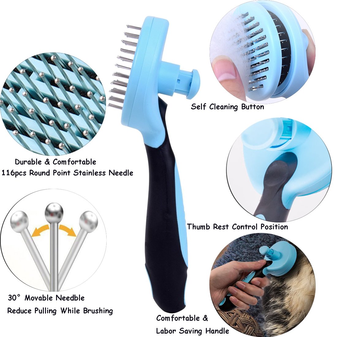 JAchoice Slicker Brush Self Cleaning Pet Grooming Comb Long Hair Pets Brush Ball Type Stainless Steel Comfortable & Safe Pet Hair Removal Brush for All Dogs Cats Rabbits with Long Thick Hair