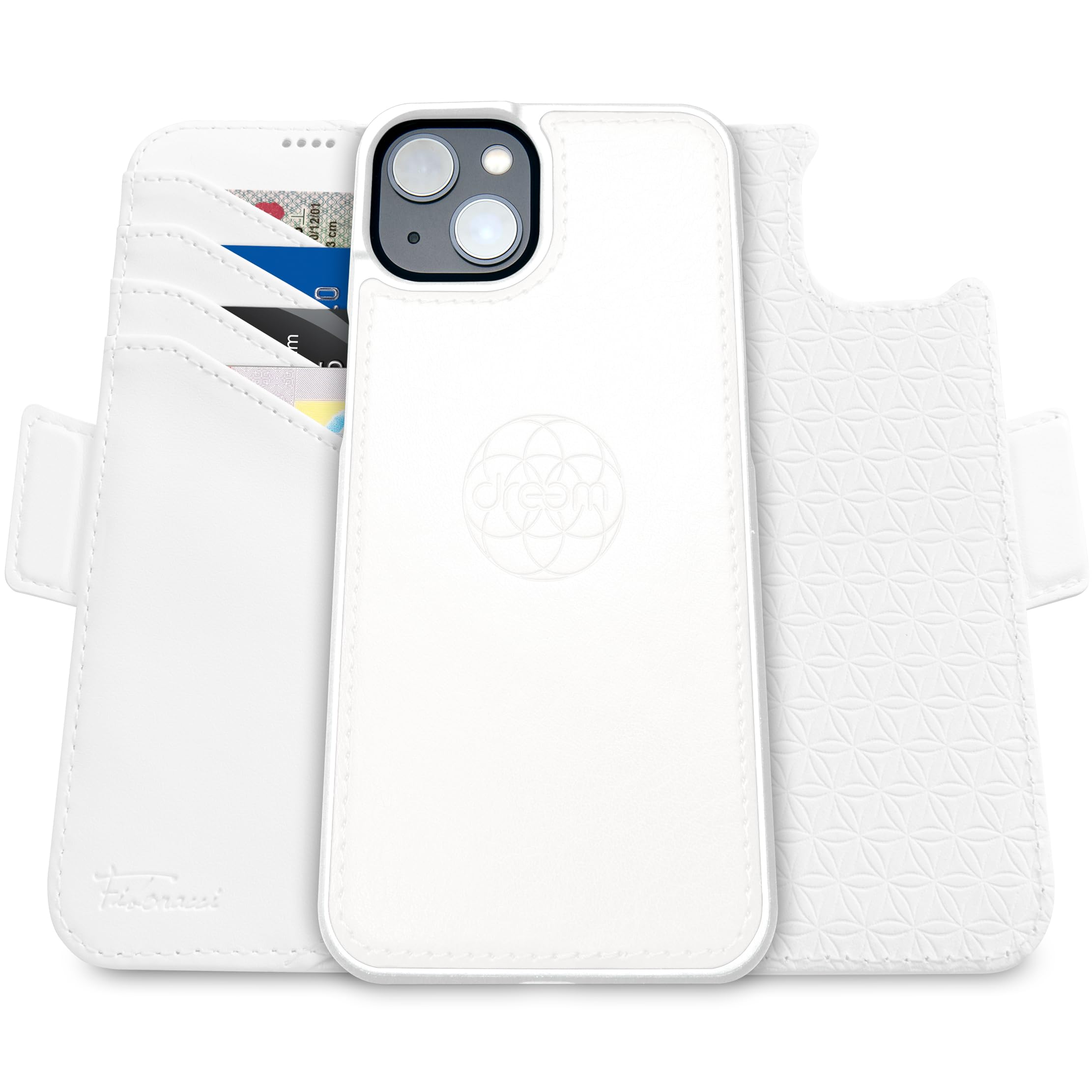 dreem Wallet Case for iPhone 15 Plus, Revolutionary Vert/Hor Phone Stand, Magnetic Detachable Vegan Leather Flip Cover RFID Blocking Card Holder, MagSafe-Fit, Gift Box [Fibonacci: White]