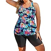 Plus Size Tankini with Shorts - Women Two Piece Bathing Suit Top Tummy Control Swimwear Bottom with Pockets