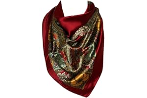 Floral Pattern Bandana Scarf Silk Satin Square Neck Head Wrap (Dark Red)