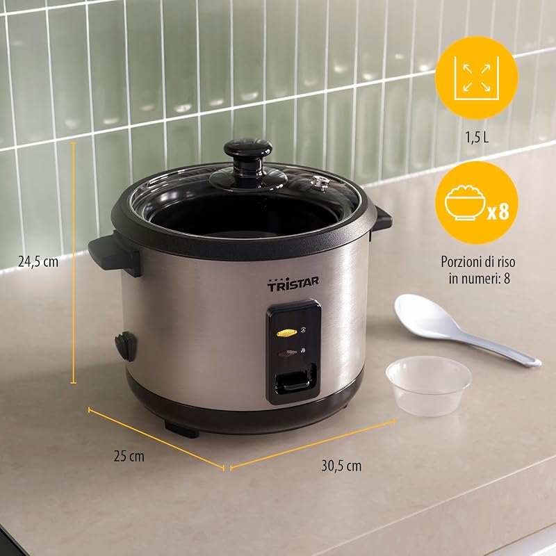Cuociriso, 1,5 L di Capacità, Corpo in Acciaio Inox, Vassoio per Cottura a Vapore, Spegnimento Automatico, Funzione Mantenimento in Caldo, 500 W, RK-6145