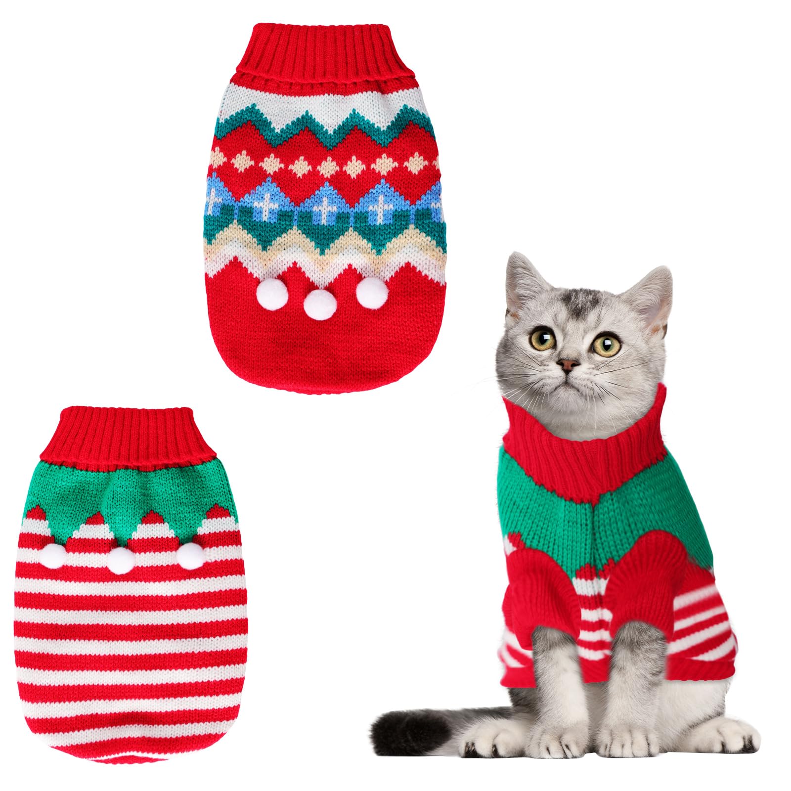 Photo 1 of 2 Pcs Puppy Christmas Sweaters Winter Pet Knitwear Xmas Dogs Outfits Christmas Elf Costume Warm Clothes for Cat Kittys Puppies