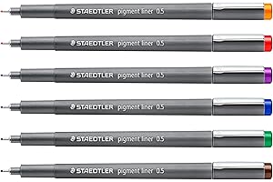 STAEDTLER Pigment Liner: 6 Assorted Colors, 0.5 mm Fineliner Pens for Writing, Drawing, and Sketching