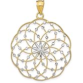 14k Yellow and Rhodium Mandala Pendant for Women with Floral Openwork Starburst Design, Geometric Harmony Symbol, Boho Spiritual Necklace, Gold Medallion for Fashion or Artisan Jewelry Collections