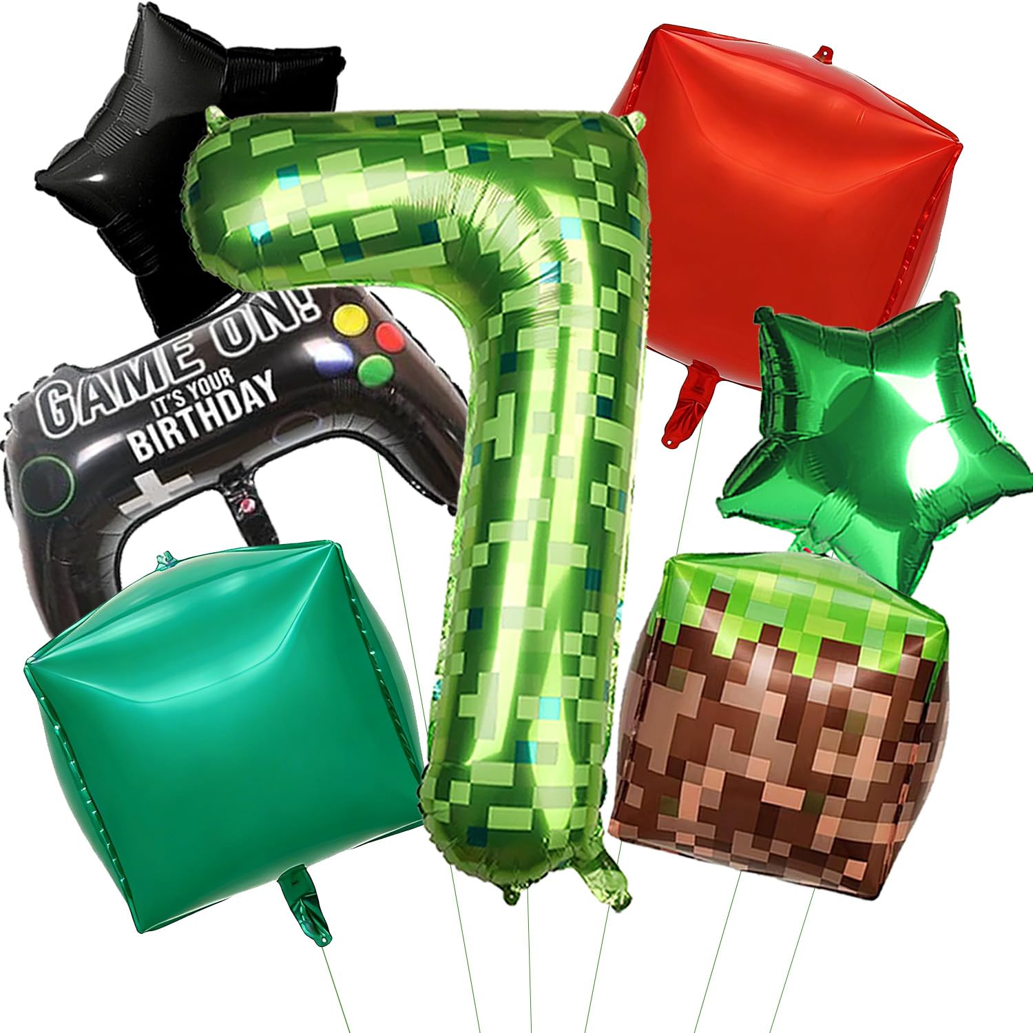 Green Pixel Miner Theme birthday balloons with Number 7 Balloon for Adults P-ixel Party Birthday Party Decorations Party Suppiles — image 1