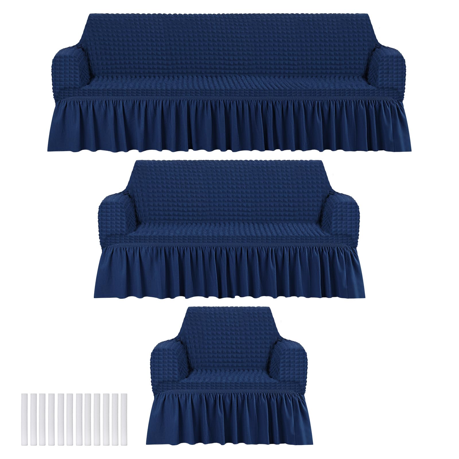Photo 1 of Fanfanwin 3 Pcs Sofa Slipcover Set for Couch Cushion Durable Washable High Elastic Stretchable Furniture Couch Covers with Skirt for Sofa Loveseat Arm Chair(Navy Blue,Seersucker)