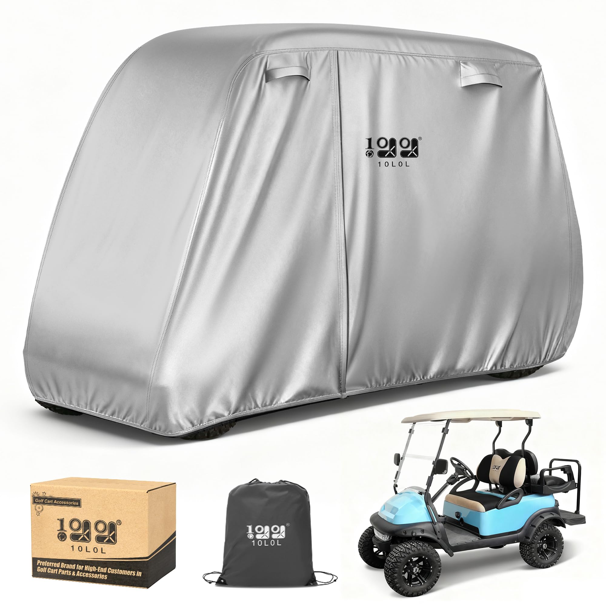 Photo 1 of 10L0L Golf Cart Cover 2/4/4+2 Passenger for Yamaha EZGO Club Car, Heavy Duty 420D Waterproof Windproof Durable Polyester Golf Cart Cover with 3 Zipper Doors for All-Weather Protection - Sliver
